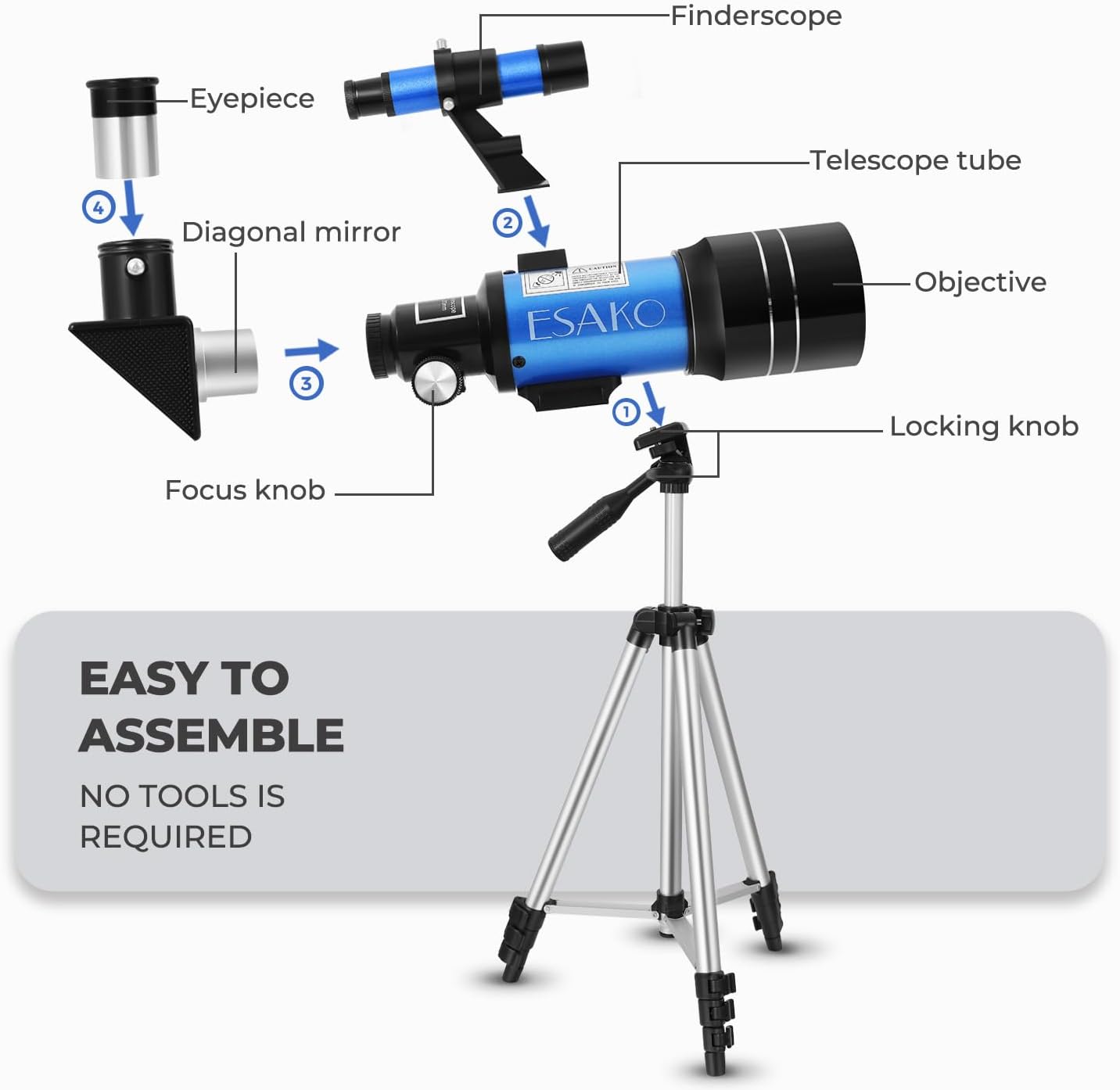ESAKO Telescope for Kids & Beginners, 70mm Aperture Portable Telescopes with 3 Eyepieces, Height Adjustable Tripod & Phone Adapter & Remote Control