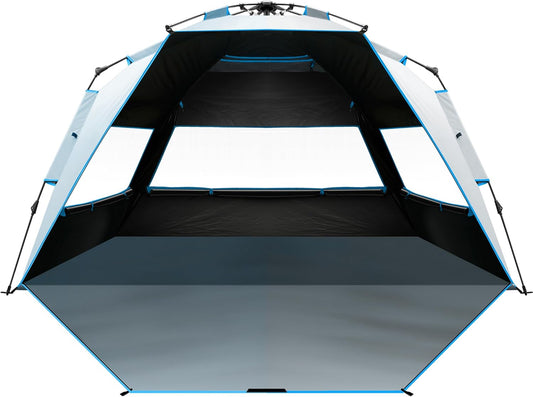 OutdoorMaster Beach Tent with Blackout Shelter Technology, Portable Beach Shade Sun Shelter Canopy for 4-6 Person with UPF 50+ UV Protection, Easy Setup Pop Up Tent Family Size