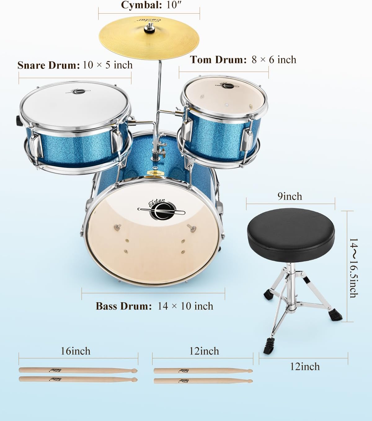 Kids Drum Set Eastar 3-Piece for Beginners, 14 inch Drum Kit with Adjustable Throne, Cymbal, Pedal & Two Pairs of Drumsticks, Junior Drum Set with Bass Tom Snare Drum, Metallic Sky Blue