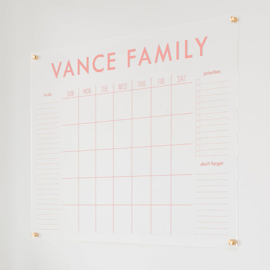 Personalized Clear Acrylic Calendar for Wall, Calendar Whiteboard for Wall, Dry Erase Wall Calendar, Wall Calendar Organizer System for Home (Block, Blush, 47.5"W x 36"H)
