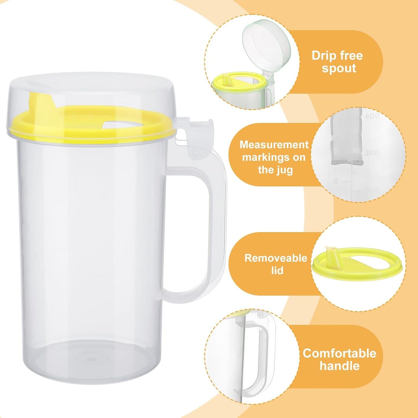 Newtay 6 Pack Early Learning Kids Easy Pouring Mini Pitchers Clear Plastic Pitcher with Lid and Handle Easy Pour Bottles 16 Oz. Jugs with Lids for Classroom Nursery Home (Colorful)
