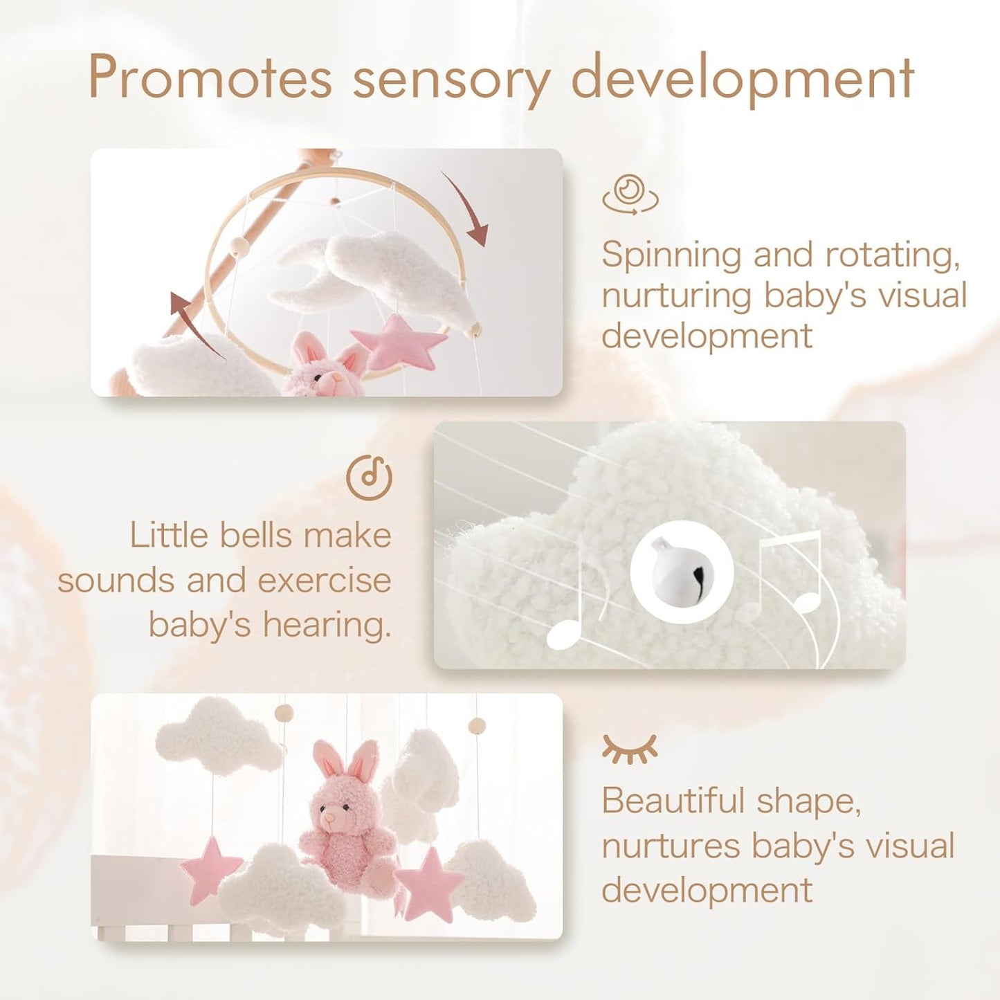 EERKEOD Baby Crib Mobile Bunny Nursery Mobile for Boys Girls Teddy Velvet Mobile Nursery Decor for Infant Bedroom Hanging Baby Mobile for Bassinet Newborn Baby Gift（Pink Bunny）