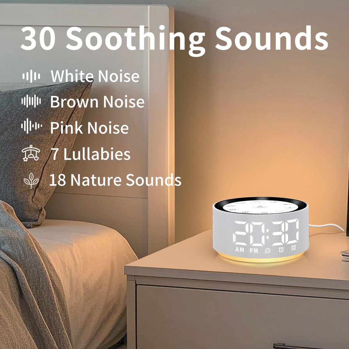 Brown Noise Machine Alarm Clock Sound White Noise Machine Night Light with 30 Sleeping Sounds for Baby Kids Adults 2 Alarms Backup Battery 32 Level Volume 15 Wake up Sounds for Mild Heavy Sleeper