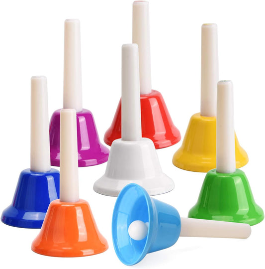 Facmogu 8 Pack Handbells Set, Colorful 8 Note Diatonic Metal Music Bells, Percussion Instrument Bells, Musical Handbells Set for Festival Musical Teaching Church Chorus Wedding Family Birthday Party