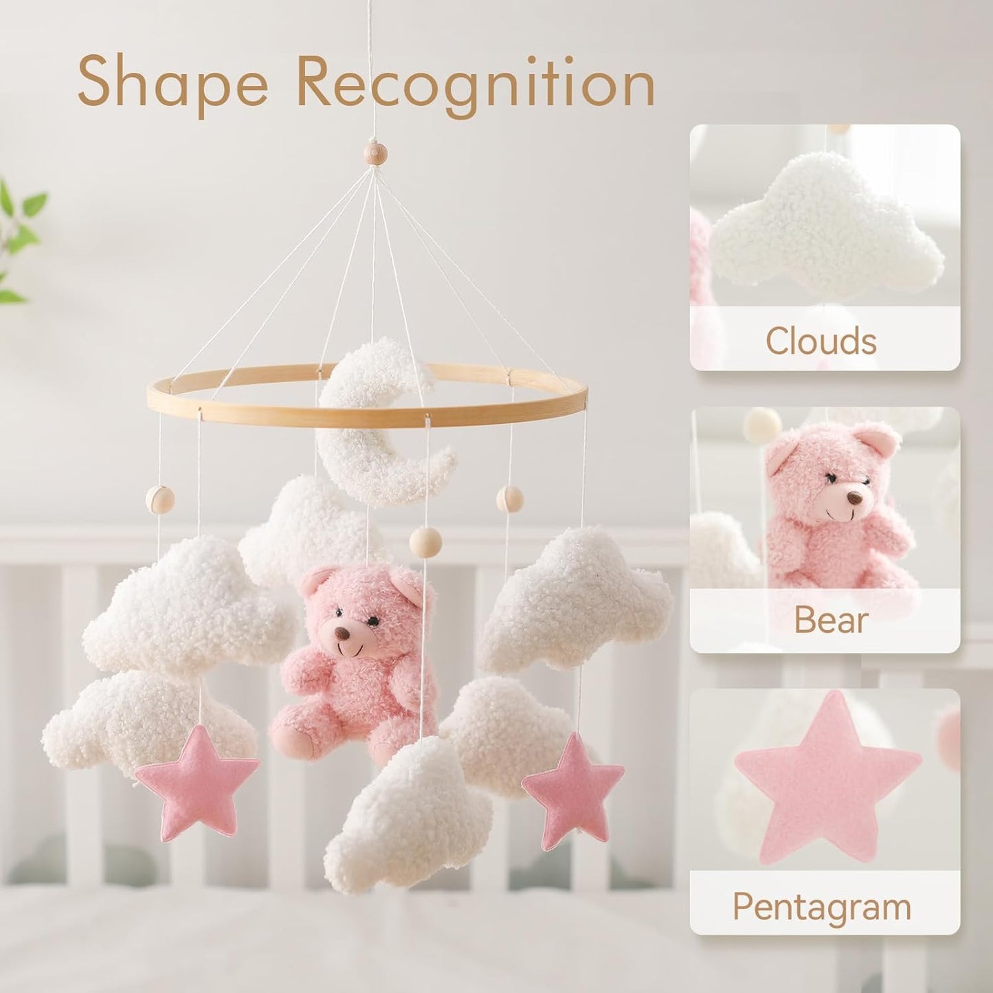 EERKEOD Baby Crib Mobile Bear Nursery Mobile for Boys Girls Teddy Velvet Mobile Nursery Decor for Infant Bedroom Hanging Baby Mobile for Bassinet Newborn Baby Gift（Pink Bear）