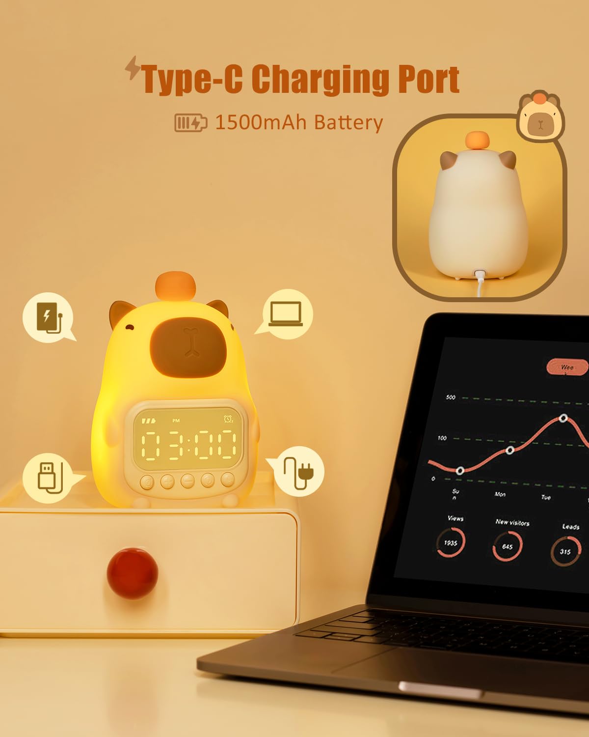 Capybara Alarm Clock with Night Light for Kids, Cute Toddler Alarm Clocks for Bedrooms Ok to Wake Clocks for Girls and Boys, Rechargeable Silicone Animal Tabletop Lamp for Kid