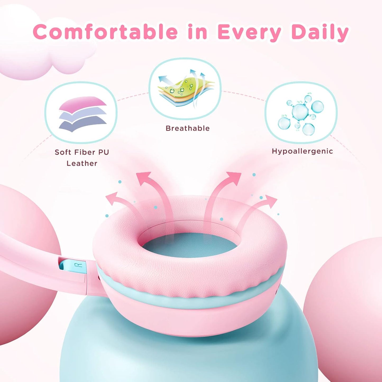 Kids Headphones Wired with Microphone, Over Ear 85/94dB Volume Limited Headphones with Share Port, Stereo Sound Foldable Headset for Teens/Boys/Girls - Pink