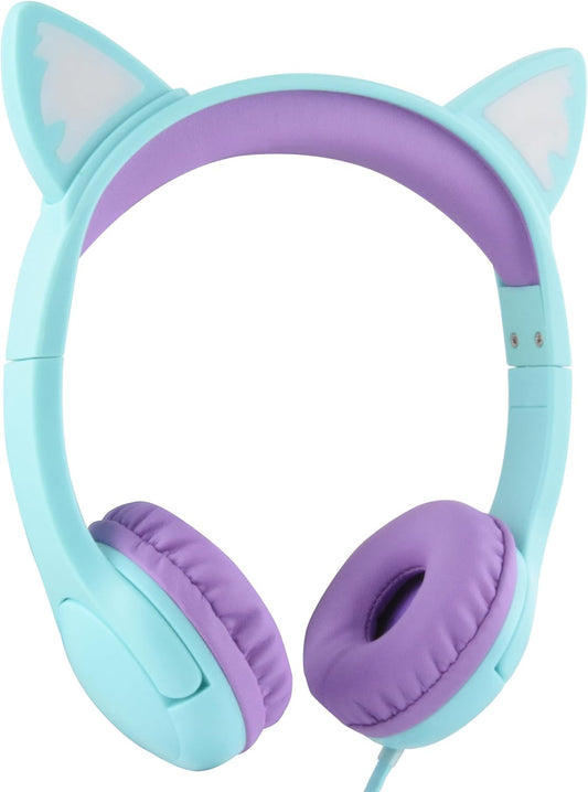 Olyre Kids Headphones with MIC for School, 85dB Safe Volume Limited Light Up Cat Ear Headphones,Wired Cord On-Ear Headset for Children/Boys/Girls/Travel-Green/Purple