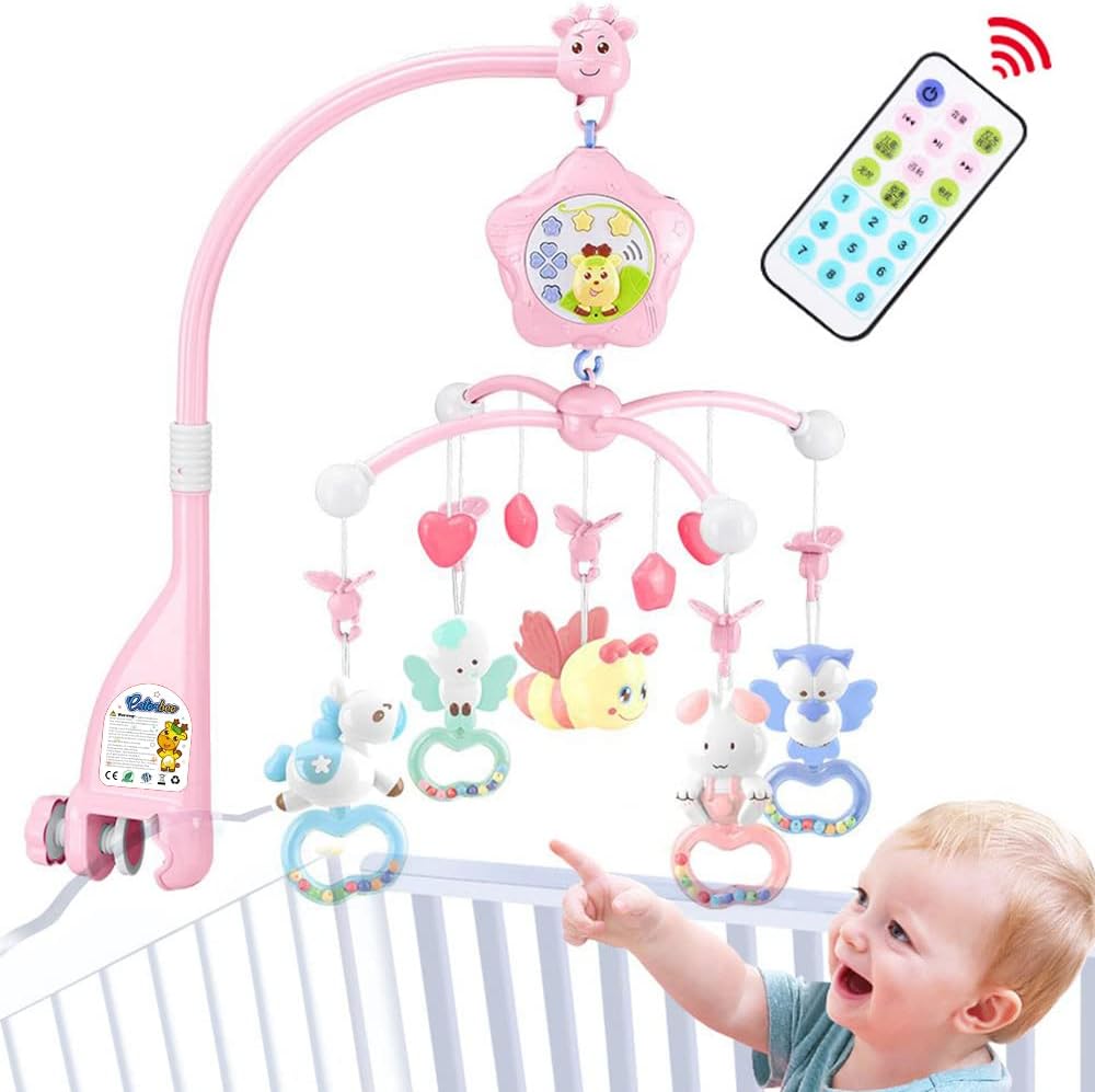 Baby Mobile for Crib with Musicial and Lights, Remote and Projection. Pack and Play Toys for Ages 0+ Months (Pink-Bee)