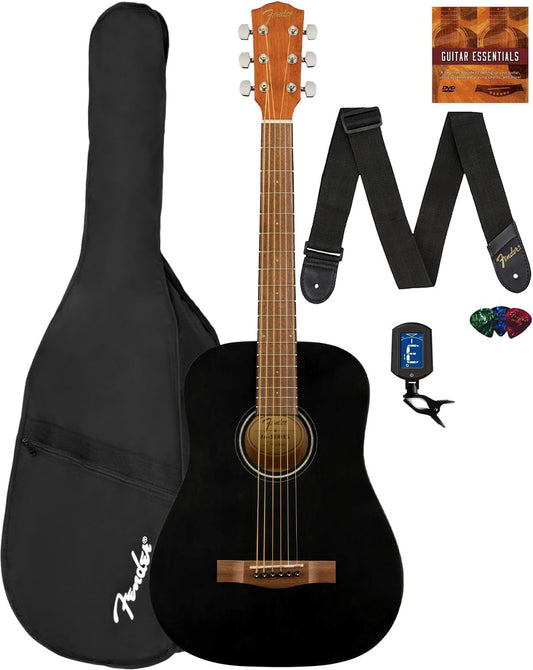 Fender FA-15 3/4-Scale Kids Steel String Acoustic Guitar - Black Bundle with Gig Bag, Tuner, Strap, Picks, and Austin Bazaar Instructional DVD