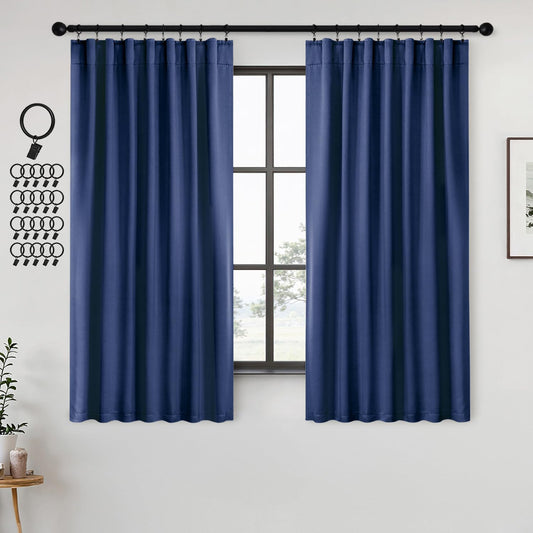 ANRODUO Back Tab Blackout Curtains for Bedroom Living Room, Rod Pocket Pinch Pleated Thermal Insulated Room Darkening Curtains 54 Inches Long 2 Panels, Navy Blue, 42 x 54 Inch