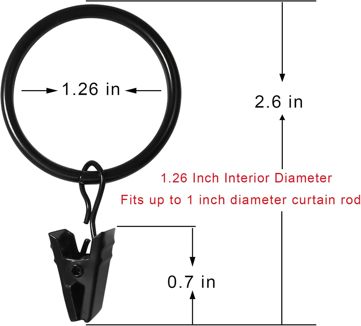 40 Pack Black Curtain Rings with Clips, Curtain Hooks Hangers Clip Rings for Hanging Drapes Bows Hat, Drapery Rings 1.26 in I D, Fits up to 1 in Diameter Curtain Rod.
