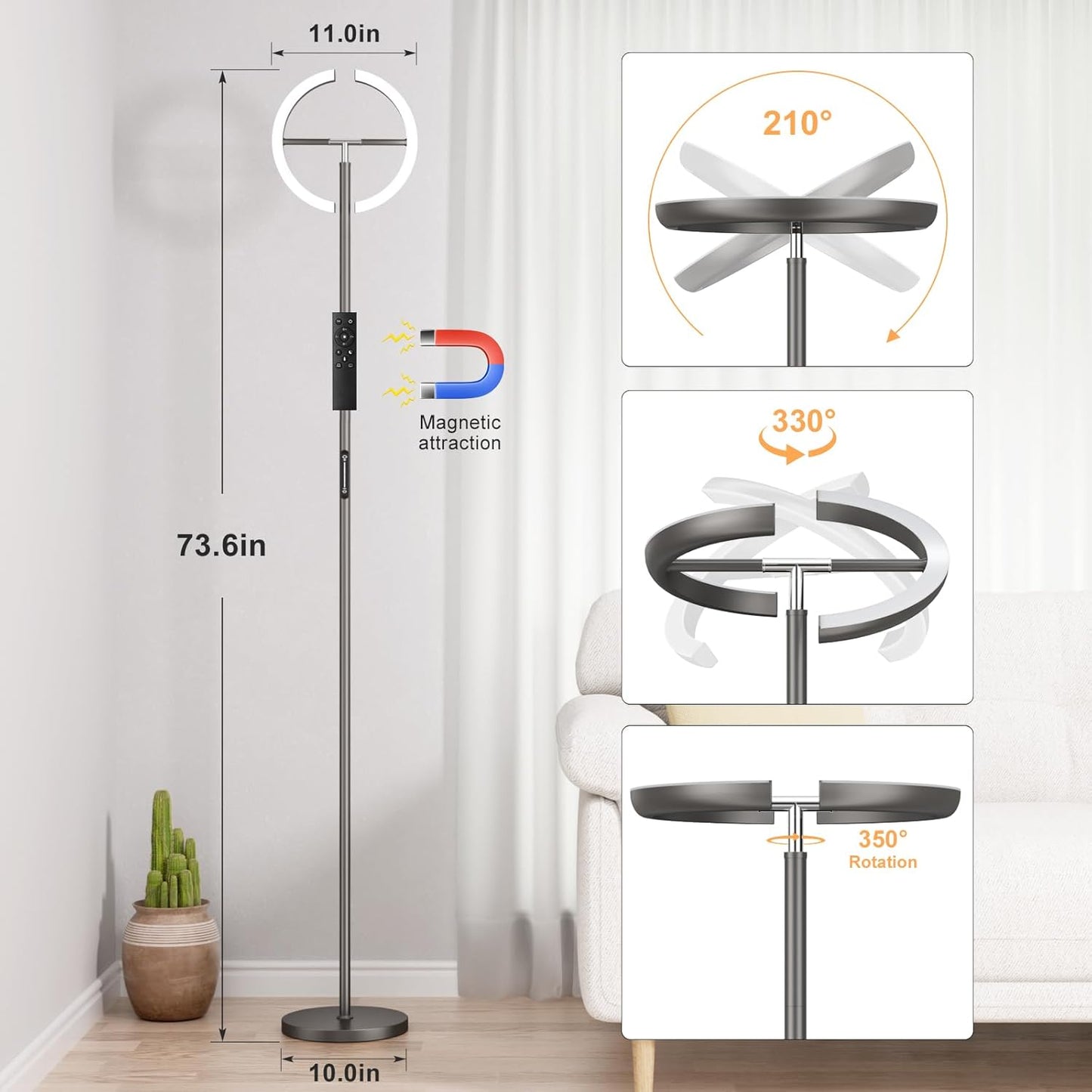 Floor Lamps for Living Room, 40W/2400LM LED Floor Lamp with Touch & Remote Control, 70" Tall Standing Lamp Stepless Dimmable, Modern Torchiere Corner Lamp for Bedroom, Office - Grey