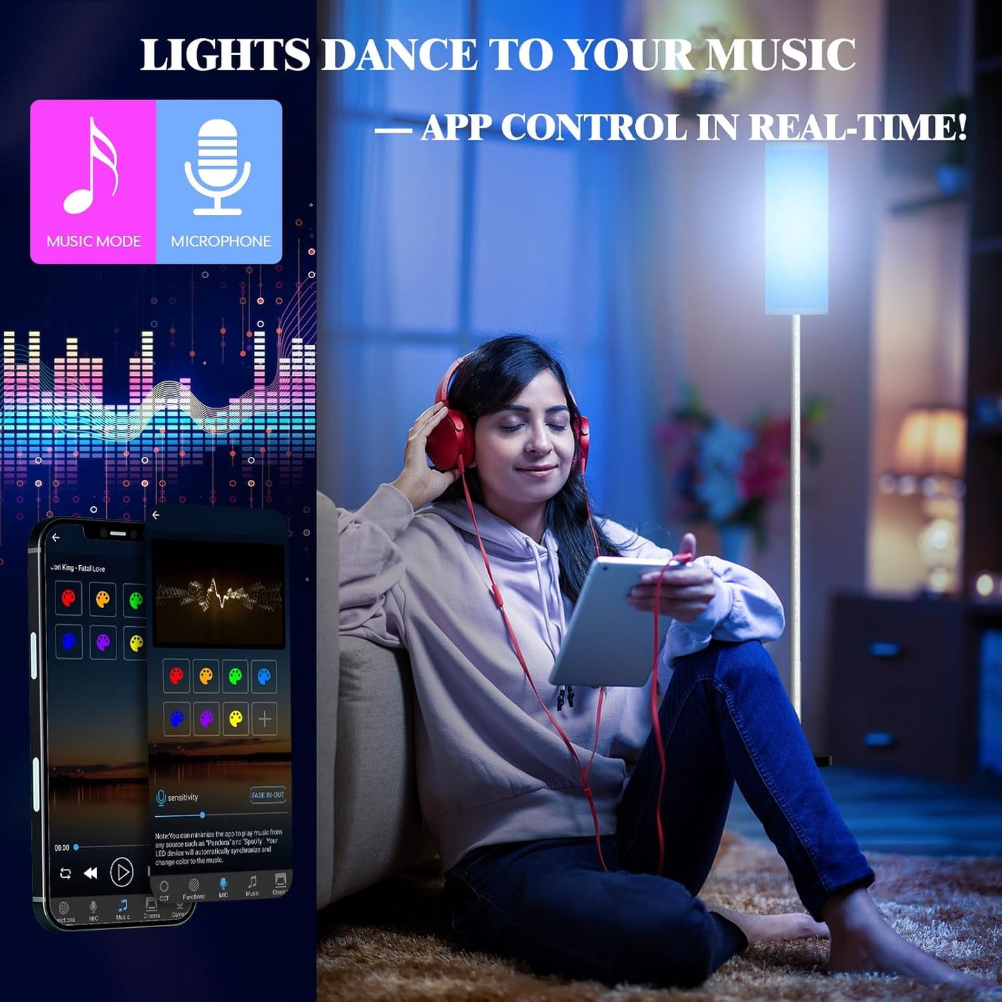 Smart LED Floor Lamp with APP Control & RGB Colors - Dimmable Standing Lamp for Living Room, Bedroom, Gaming - Remote, Timer, 9W Bulb Included, 67" Modern Tall Lamp (White)