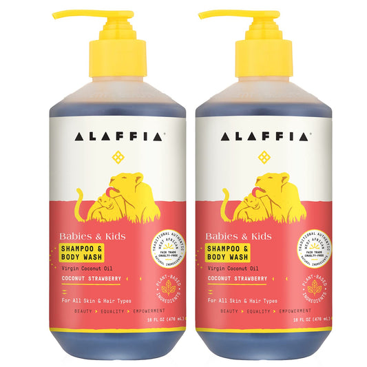 Alaffia Babies and Kids Shampoo and Body Wash, Gentle and Calming Support for Soft Hair and Skin with Shea Butter, Neem, and Coconut Oil, Fair Trade, Coconut Strawberry, 2 Pack – 16 Fl Oz Ea