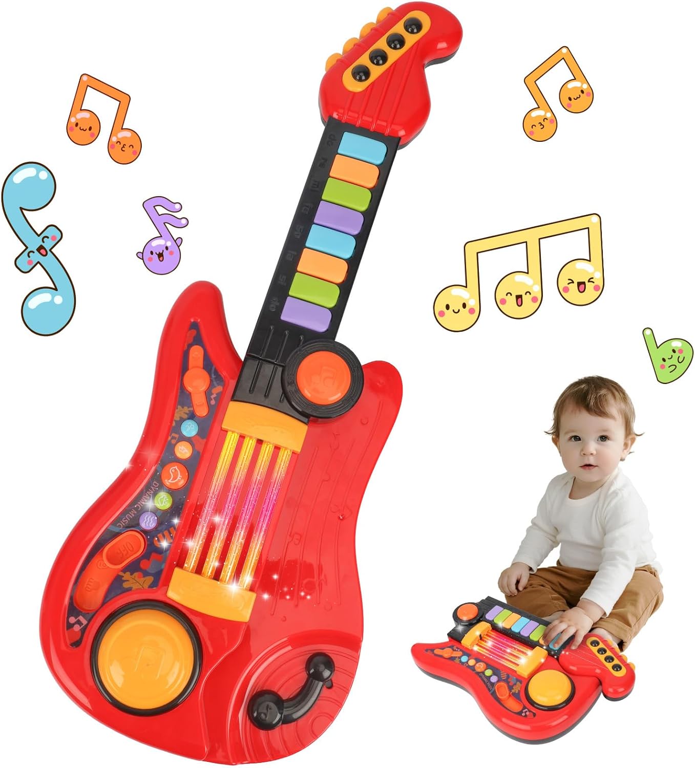 Kids Guitar Toy for 3 Year Old Boy Birthday Gift 2-in-1 Electric Guitars & Piano for Toddlers 2-4 Light Up Music Toys for 3 4 5 Year Old Boys Girls Gifts
