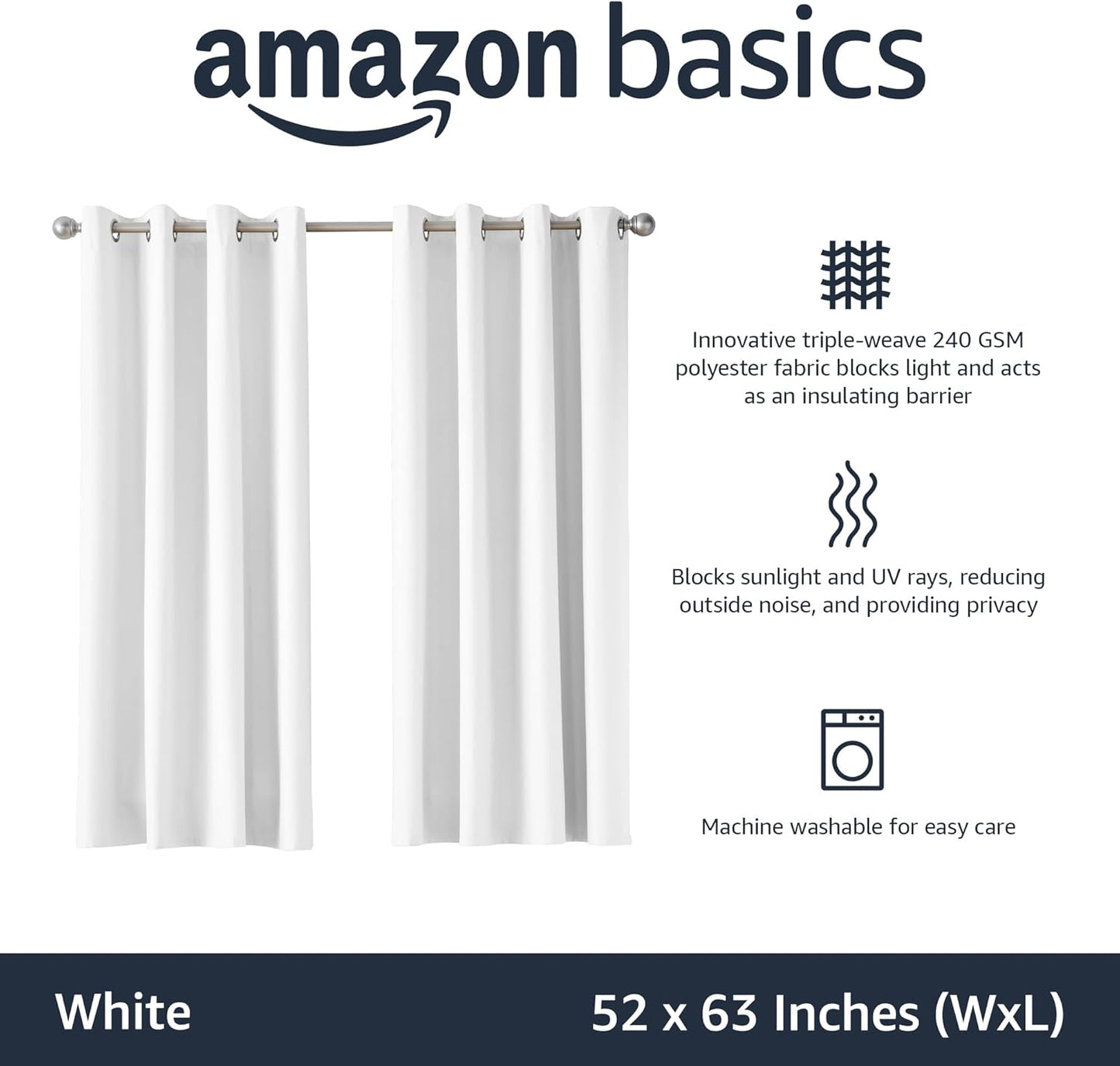 Amazon Basics Light Blocking Room Darkening Blackout Window Curtain with 2 Panels Grommets, for Living Room and Bedroom, 52 x 63 inches, White - Set of 2