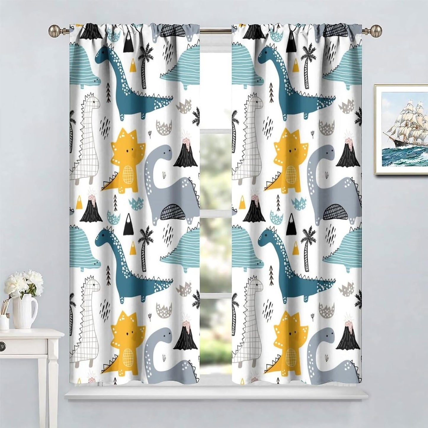 Kids Dinosaur Curtains for Boy Girl Bedroom Decor Cartoon Dino Colorful Cute Funny Wildlife Animal Printed Blackout Rod Pocket Window Drapes for Baby Nursery Playroom Living Room W27.5xL63in 2 Panels