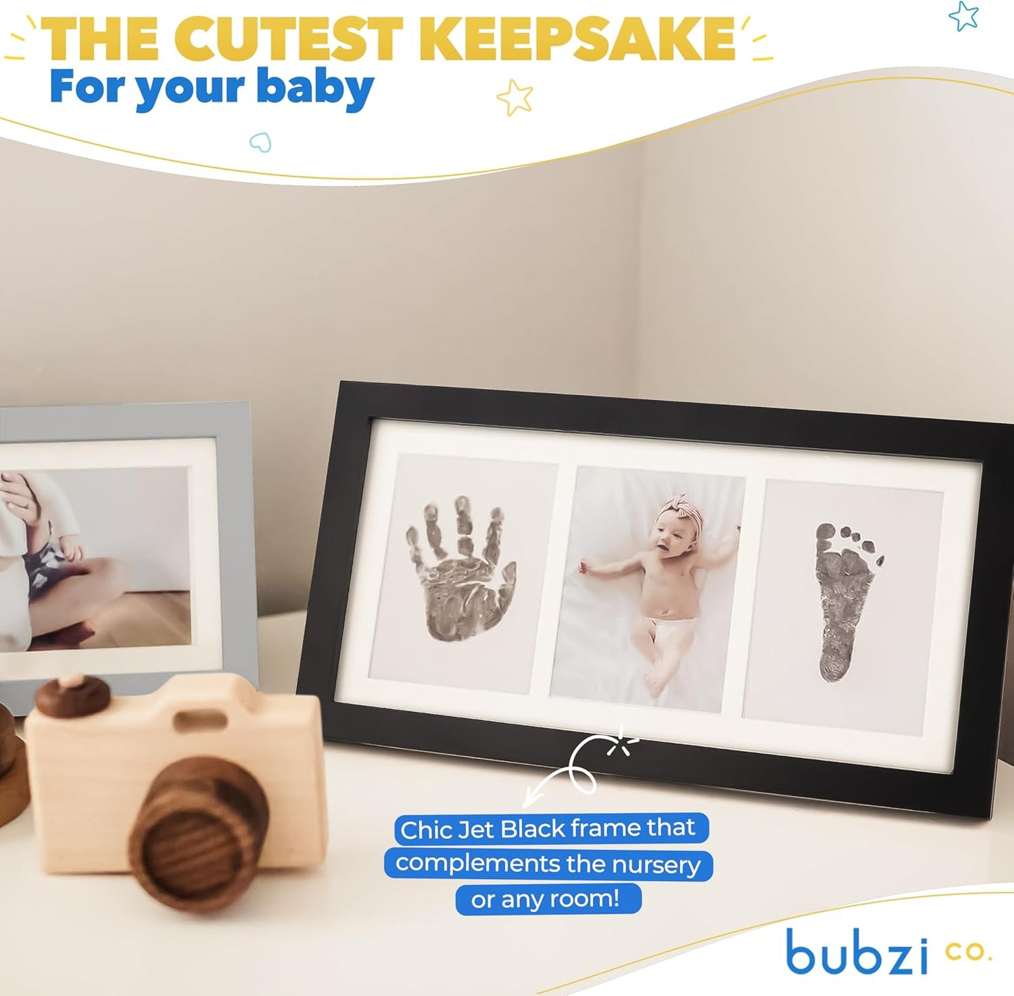 Bubzi Co Baby Handprint Kit & Footprint Photo Frame for Newborn Girls and Boys, Unique Baby Shower Gifts Set for Registry, Memorable Keepsake Decorations for Room Wall or Nursery Decor (Jet Black)