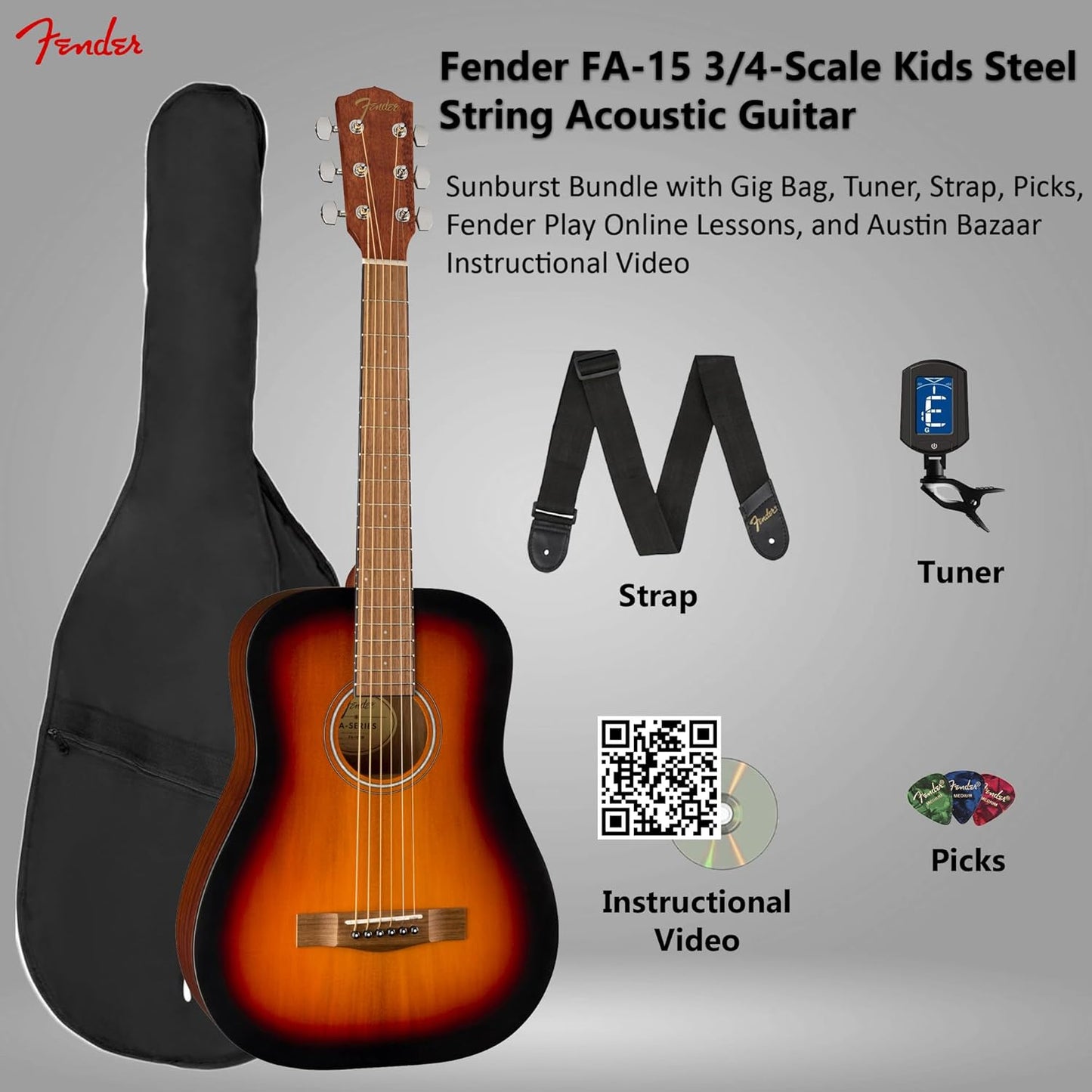 Fender FA-15 3/4-Scale Kids Steel String Acoustic Guitar - Sunburst Learn-to-Play Bundle with Gig Bag, Tuner, Strap, Picks, Fender Play Online Lessons, and Austin Bazaar Instructional DVD