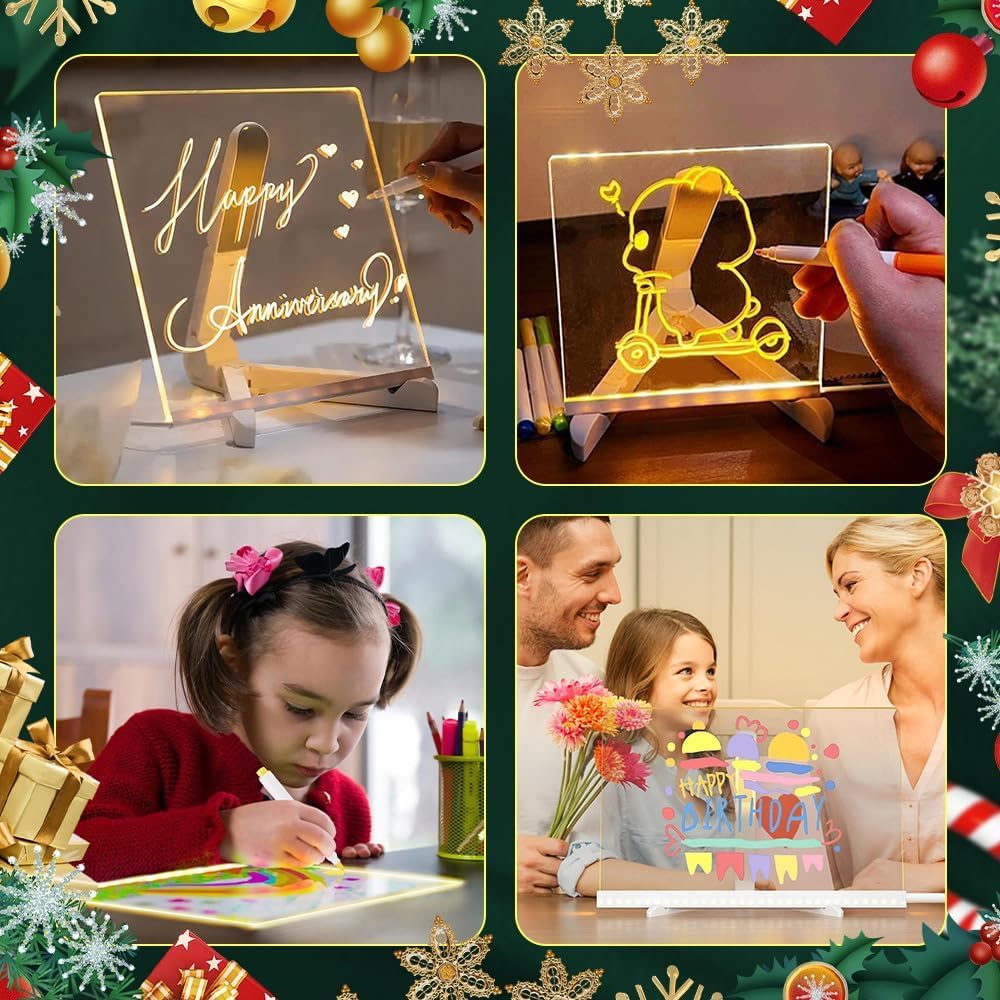 LED Note Board with Colors, LED Drawing Board for Kids, Lighted Acrylic Dry Erase Message Board, Illuminated Notepad with Adjustable Stand and 7 Pens (5.9‘ × 5.9’)