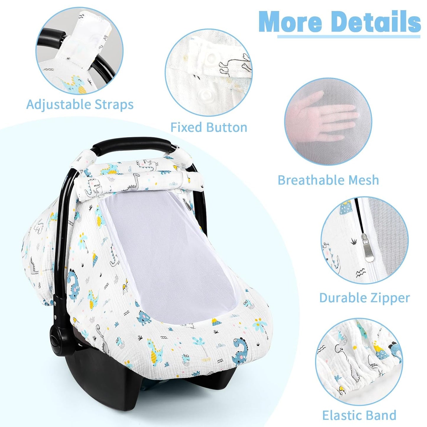 Car Seat Cover Baby, HNHUAMING Muslin Cotton Carseat Covers for Babies Girls Boys Summer Infant Car Seat Covers Canopy, Cozy Newborn Carseat Covers Stroller Cover with Breathable Mesh Window, Dinosaur