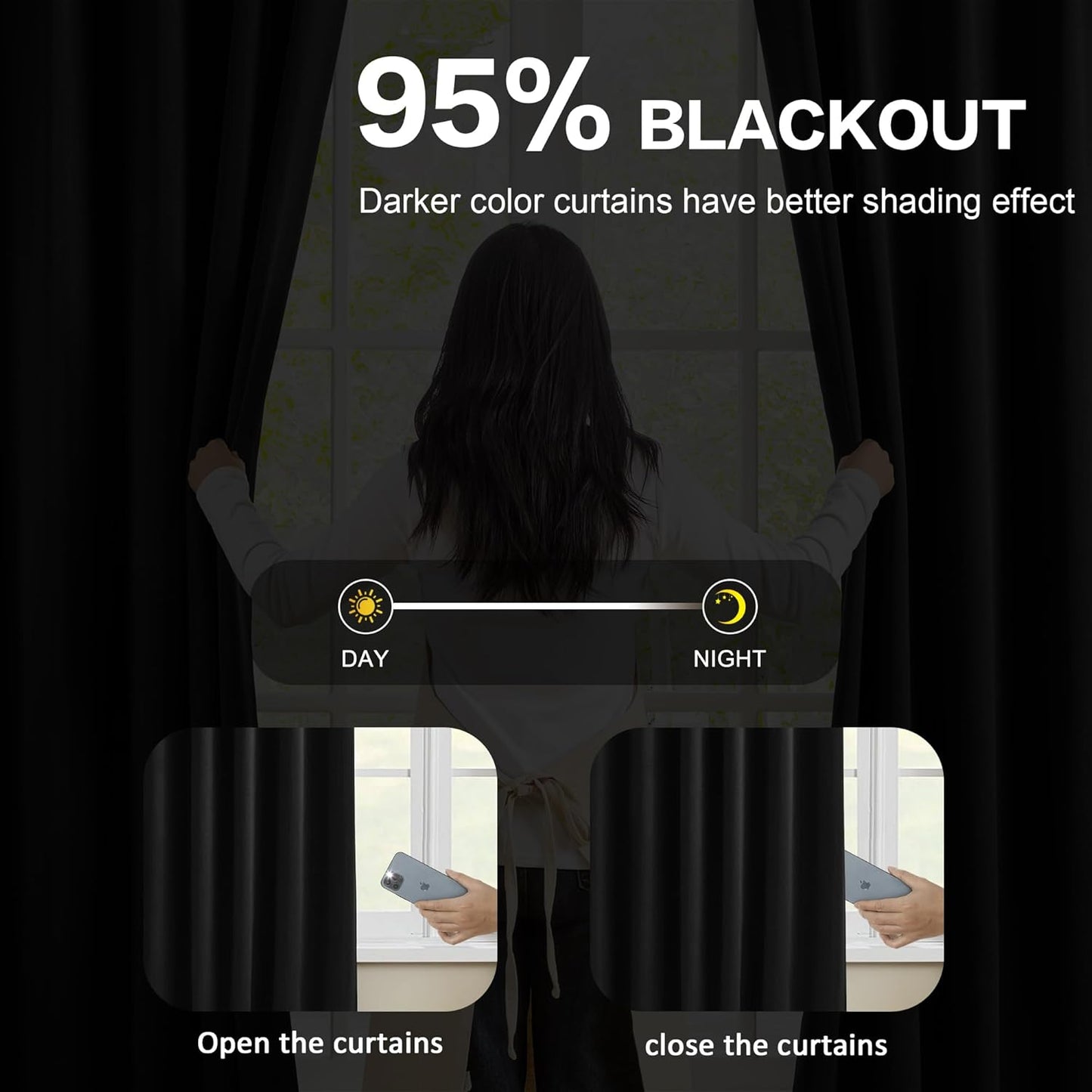 KEQIAOSUOCAI Black Curtains Blackout 104 Inches Long, Luxury Faux Silk Polyester Pinch Pleated Thermal Insulated Black Out Curtains with Hooks for Bedroom Living Room Home Office 40x104