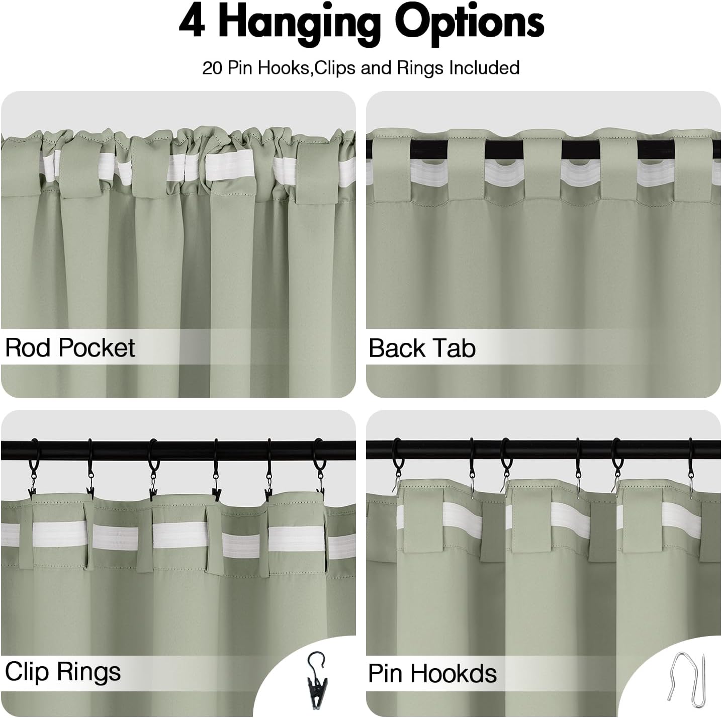 ANRODUO Back Tab Blackout Curtains for Bedroom Living Room, Rod Pocket Pinch Pleated Thermal Insulated Room Darkening Curtains 72 Inches Long 2 Panels, Sage Green, 42 x 72 Inch