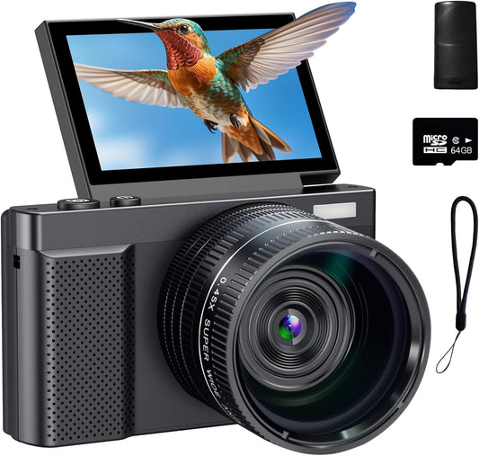 Digital Camera, 4K 64MP Cameras for Photography with 3" 180° Flip Screen,Macro and Wide-Angle Lenses,16X Vlogging Camera for YouTube with 64GB Micro SD Card for Beginner, Teens