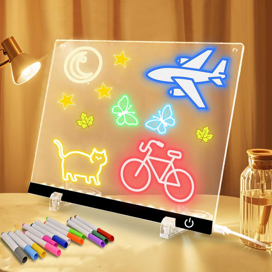 Acrylic Dry Erase Board with LED Light -11.8"x8.5" Clear Glowing Memo,Brightness Level Adjustment,12 Color Markers, Ideal for Office/Home/Kids, Writable Night Light & Desktop Charm (Black)