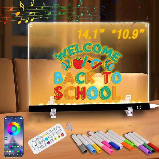 Led Note Board with Colors Light Up Drawing Board for Kids - 14.1"x10.9" Acrylic Message Board with Music Sync & Remote Control Dry Erase Board with 7 Color Markers for Gifts Toys (Standard)