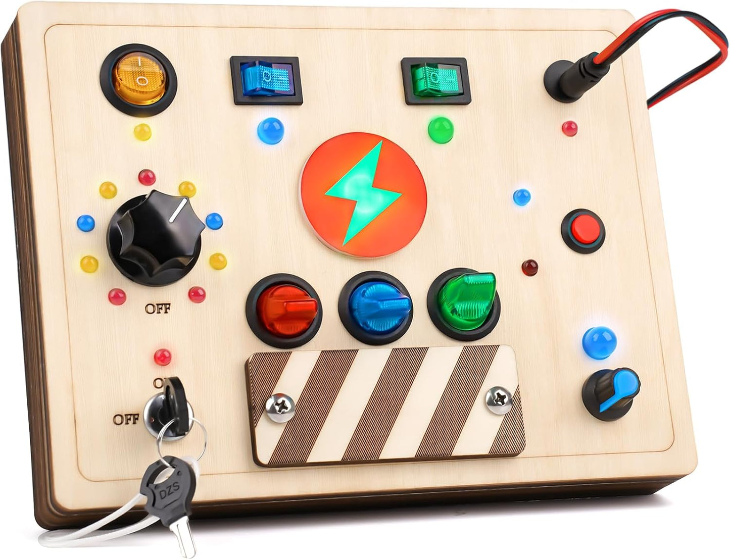 Joyreal Montessori Busy Board Wooden Sensory Toys for Toddler with LED Light Up Switch, Baby Fidget Board Travel Toys for 18+ Months, 1 2 3 Year Old Boys Girls Toddler Toy Gifts (Mixed Lights)