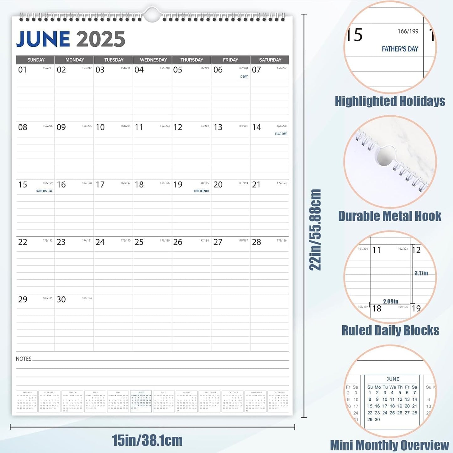 GuassLee Large Wall Calendar 2025-2026, 22"x15" Vertical Wall Calendar 2025, Jun. 2025 to Dec. 2026, 19-Month Paper Hanging Planner Wall with Julian Date for Office Home Planning & Organizing