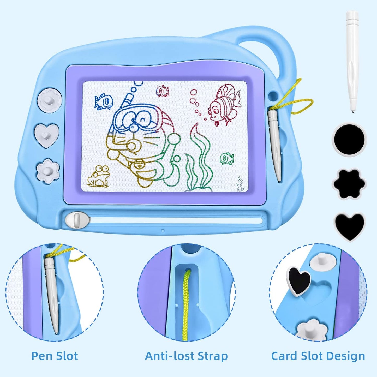 AiTuiTui Magnetic Drawing Board Mini Travel Doodle, Erasable Writing Sketch Colorful Pad Area Educational Learning Toy for Kid/Toddlers/Babies with 3 Stamps and 1 Pen (Sky Blue)