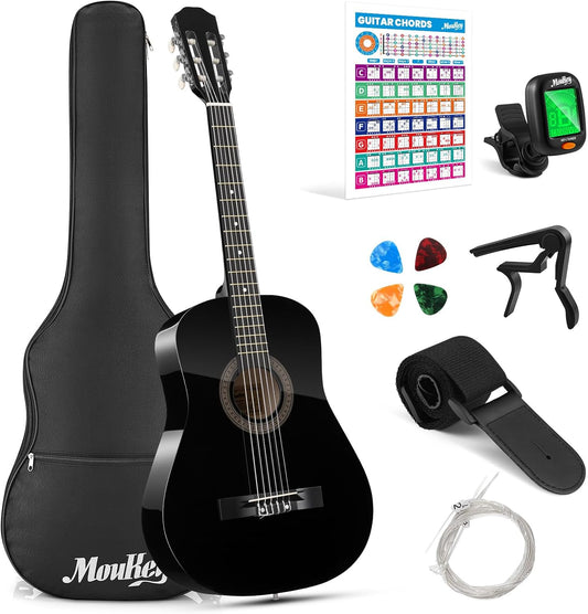 Moukey 38" Acoustic Guitar for Beginners Kids Youth Adult Dreadnought Guitarra Acustica Kit with Chord Poster, Gig Bag, Tuner, Picks, Nylon Strings, Capo, Strap - Black