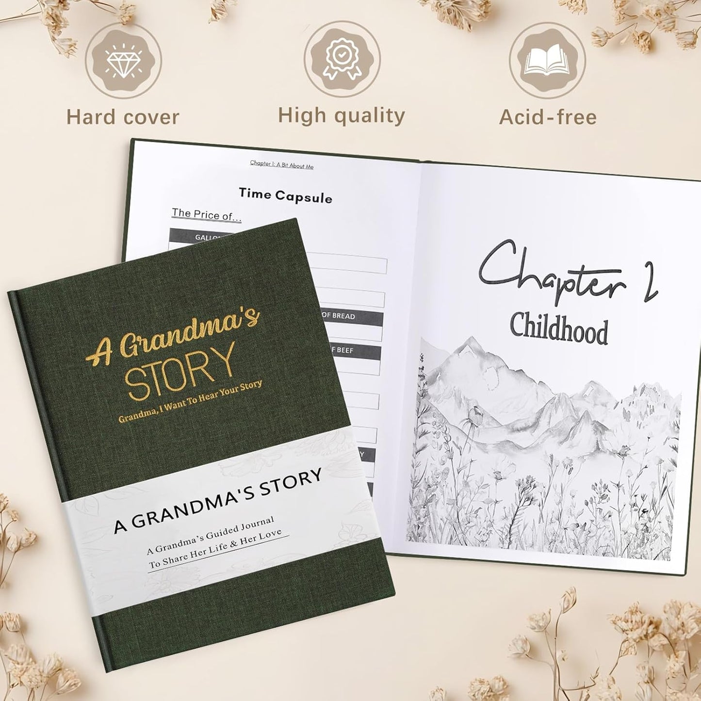 Artmag Grandma's Life Story Journal Family Keepsake Book Linen Hardcover for Grandma to Share Her Memories, with 250+ Prompt Questions Gift for Birthday Mother's Day Christmas (Dark Green)