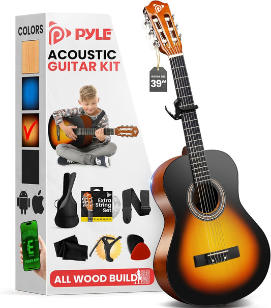 Pyle Beginner Acoustic Guitar Kit, 4/4 Junior Size All Wood Build Nylon String Instrument with Capo, Strap, Extra String Set, Gig Bag, Guitars for Beginners Adults Youth, 39" Sunburst Teardrop Gloss