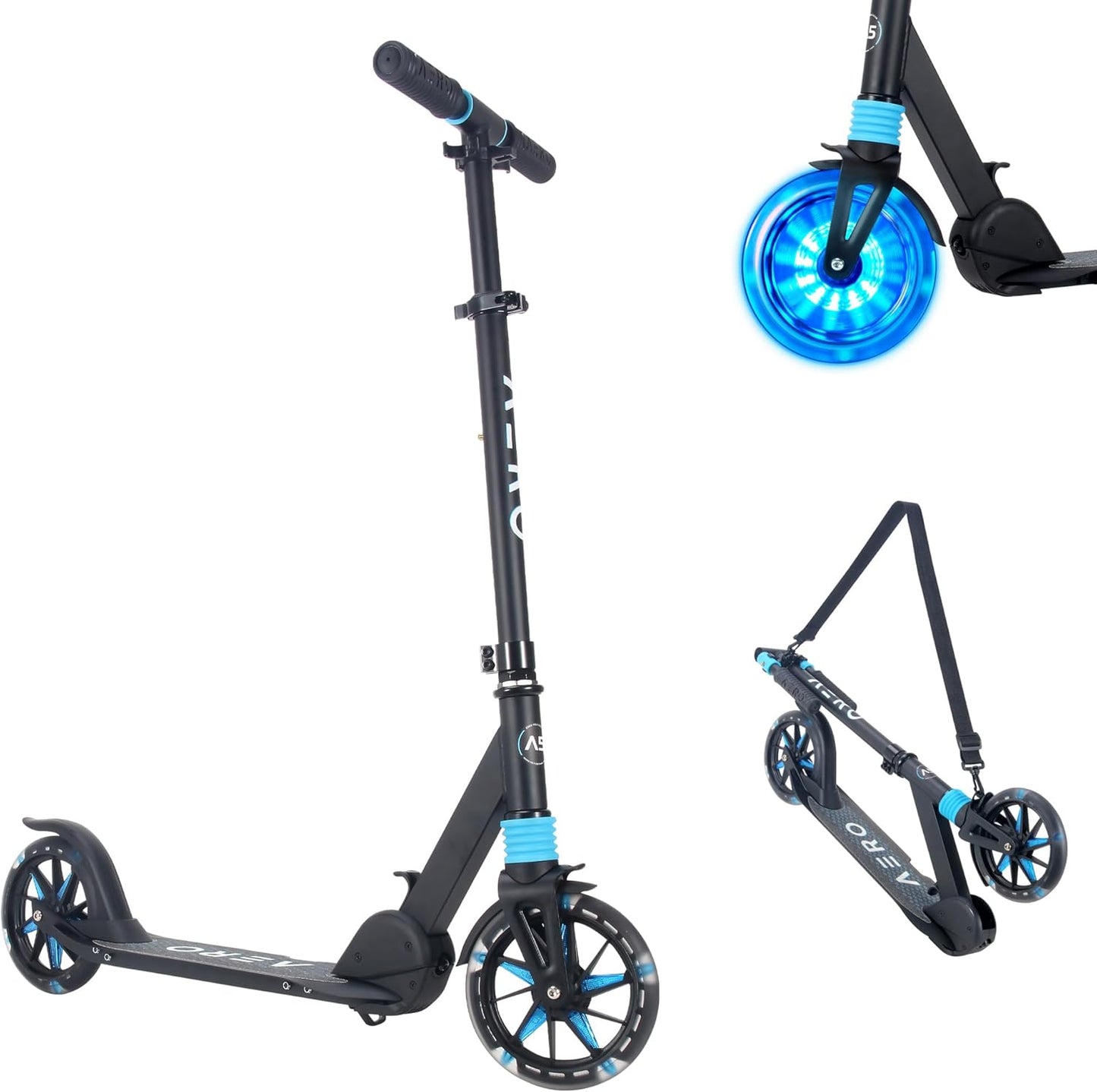 Aero Big Wheels Kick Scooter for Kids 6+, Teens & Adults | Light Up Wheels, Hand Brake, Rubber Deck Mat & Shock Absorption | Foldable & Height Adjustable