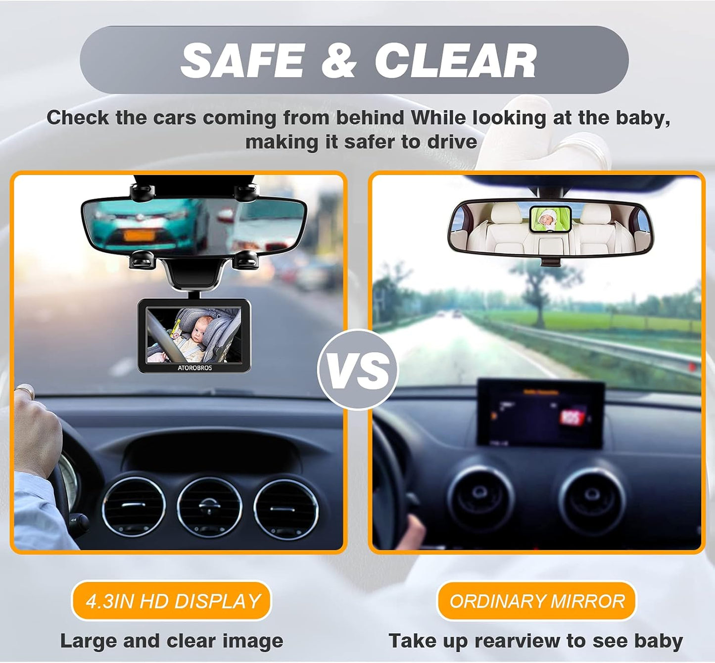 Baby Mirror for Car, ATOROBROS Baby Car Camera for Rear-Facing Seat with 4.3'' HD Display, Upgrade 360° Rearview Mirror Display Bracket, Easy and Safe to See Baby while Driving