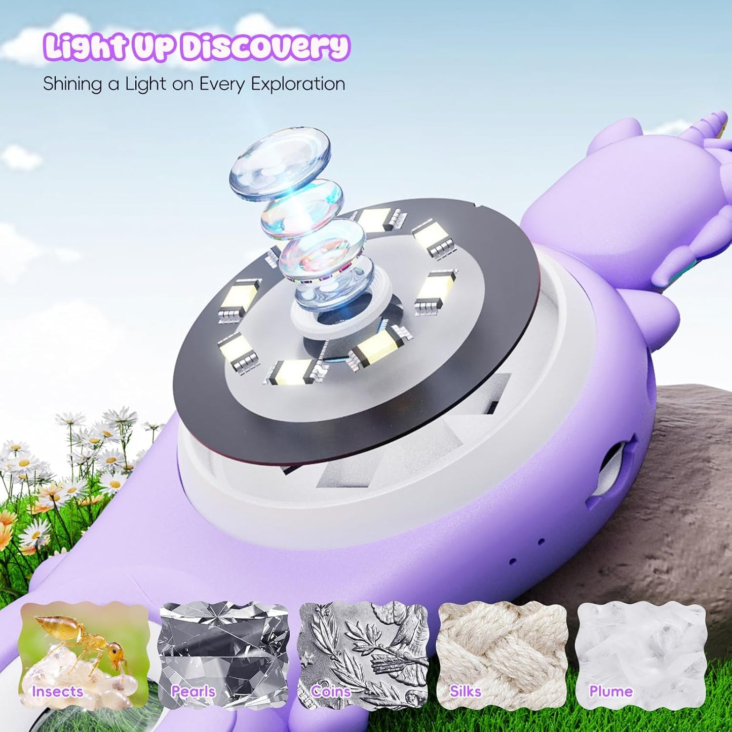 Kids Magnifying Glass with 8 Lights,Handheld Microscope for Stem Toys, Edu Gift Age 4-6 8-12 Children Students