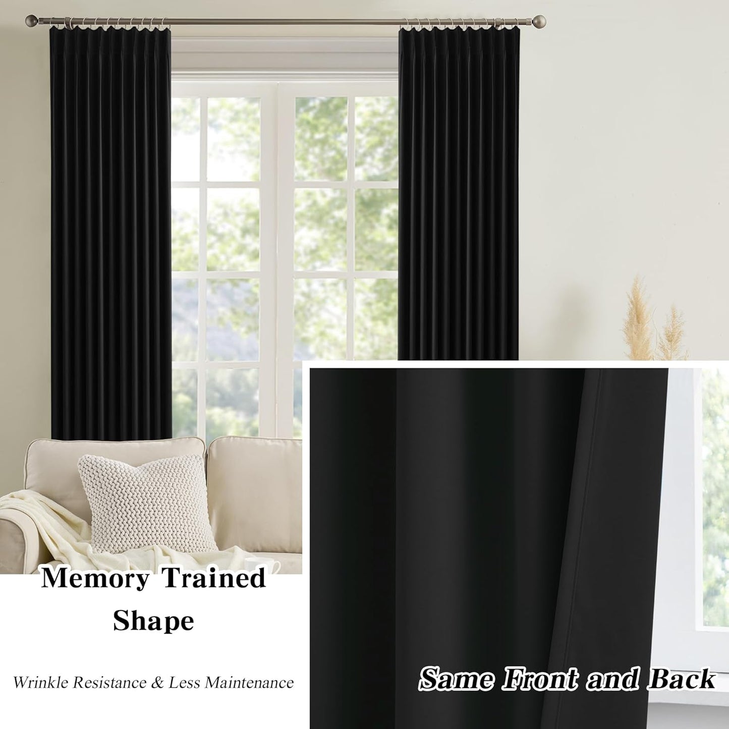 KEQIAOSUOCAI Pinch Pleated Blackout Curtains 96 Inch Long 2 Panels for Bedroom Living Room Thermal Insulated Black Out Window Curtain Pinched Pleat Drape with Hooks (W40 x L96 Inch, Black)
