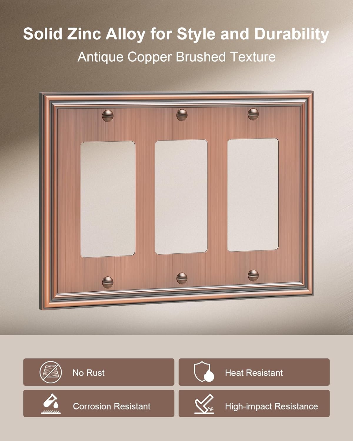 2-Pack Decorative Tripple Decorator Outlet Cover Plate, Durable Zinc Alloy Antique Copper Wall Plates for Electrical Outlet, Receptacle, GFCI Outlet, Dimmer Switch, 3-Gang Corrosion Resistant