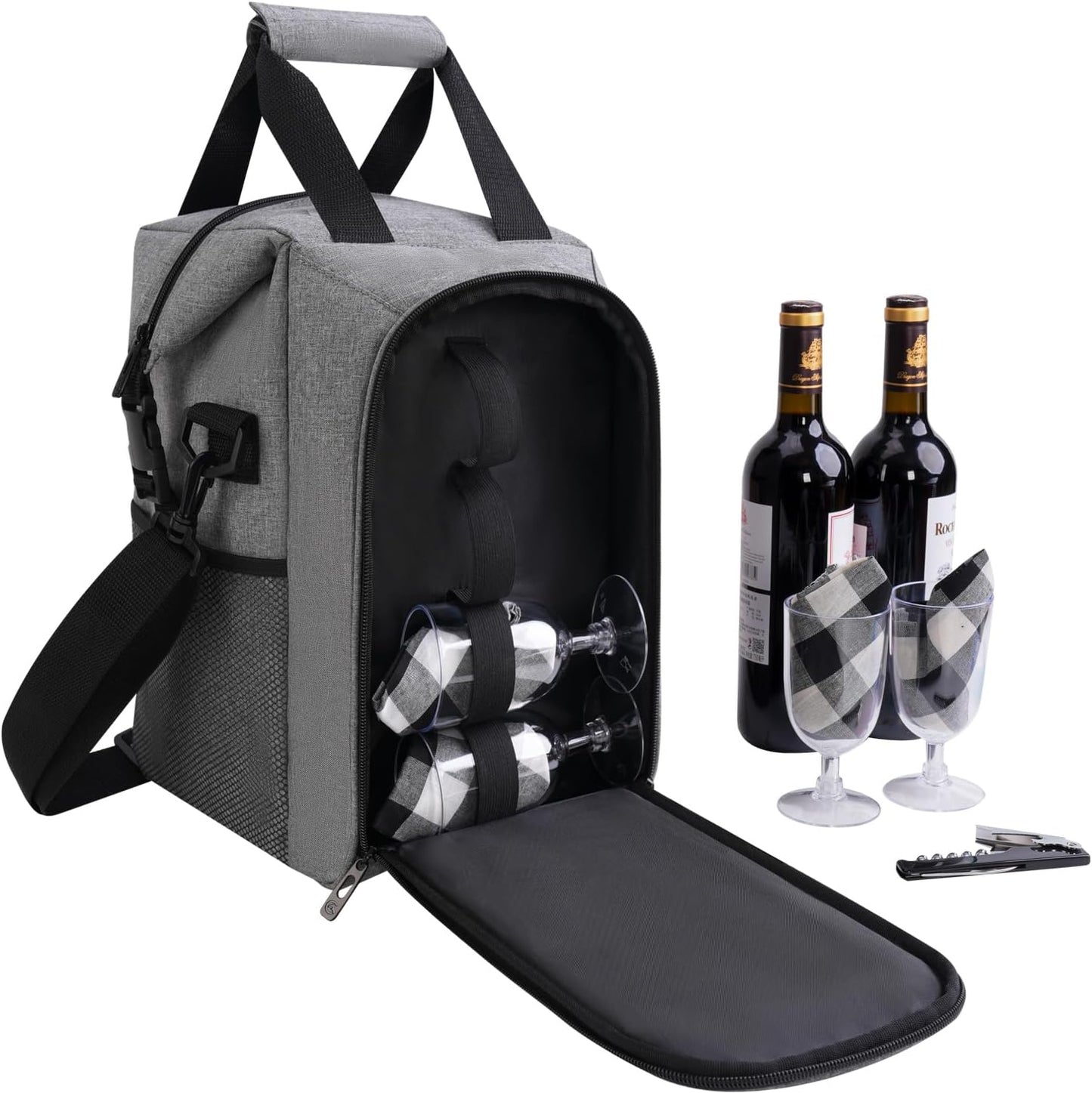 ALLCAMP 4 Bottle Wine Gift Bag - Insulated Tote Cooler, Adjustable Strap, Includes 4 Wine Glasses, Napkins & Corkscrew, Portable Travel Gifting(Gray)