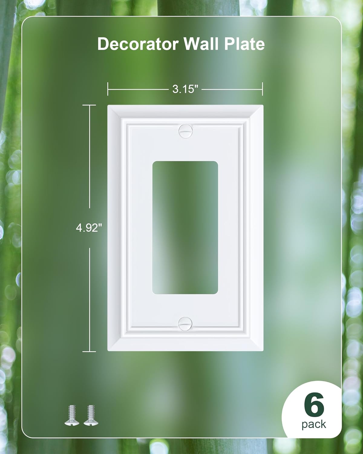 6-Pack Decorator Wall Plate Cover, Pure White Decorative Switch Plates and Outlet Covers, Durable Natural Bamboo Fiber Wall Plates for Electrical Outlets, Receptacle, GFCI Outlet, Dimmer Switch