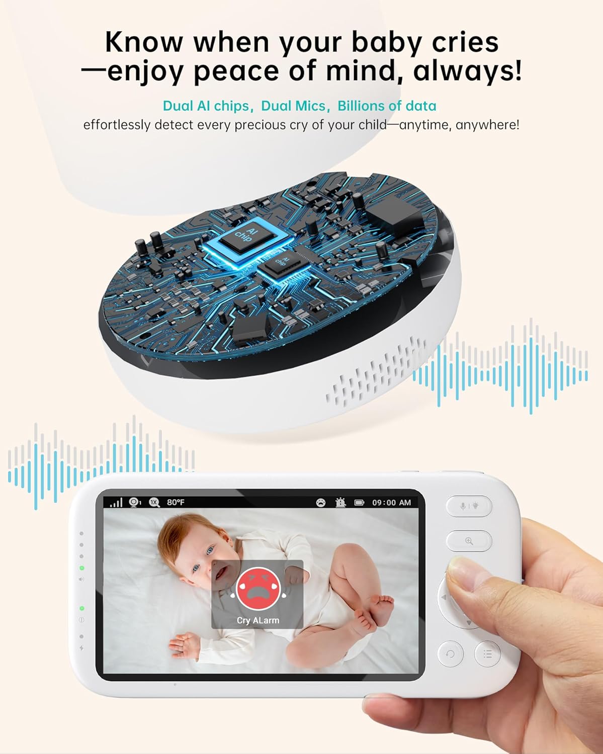 2K Video Baby Monitor with 2 Cameras and Audio, 3000ft Long Range Baby Monitor No WiFi, 5.5" Split Display, VOX - AI Cry Detect, ANR, IR Night Vision, 2-Way Audio, 6000mAh