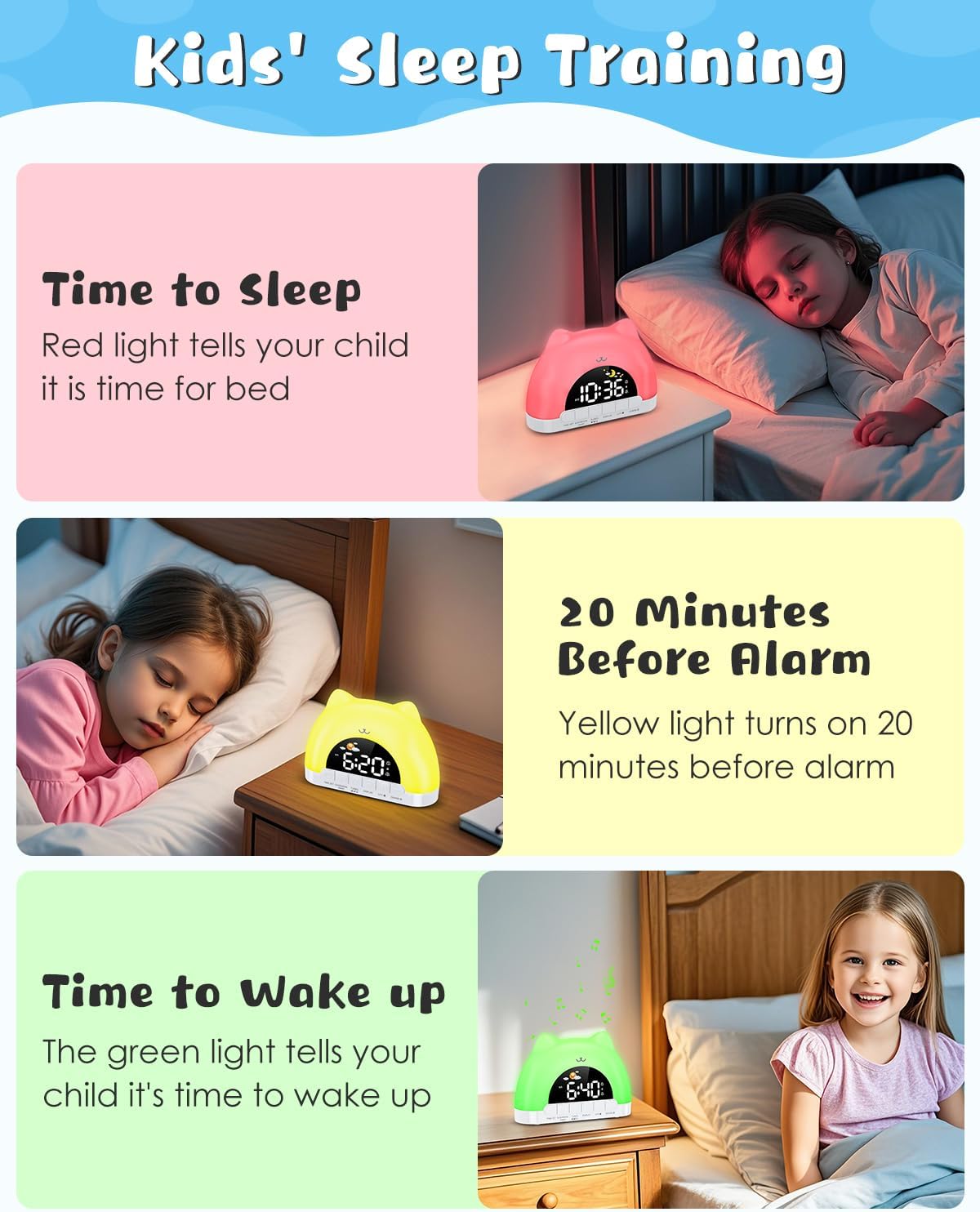 Kids Alarm Clock, OK to Wake Clock for Kids, Cat Clock with 11 Colors Night Light, 10 Soothing Sounds, Child Lock, Dual Alarms, Sleep Training, Birthday Gift for Boy Girls Children