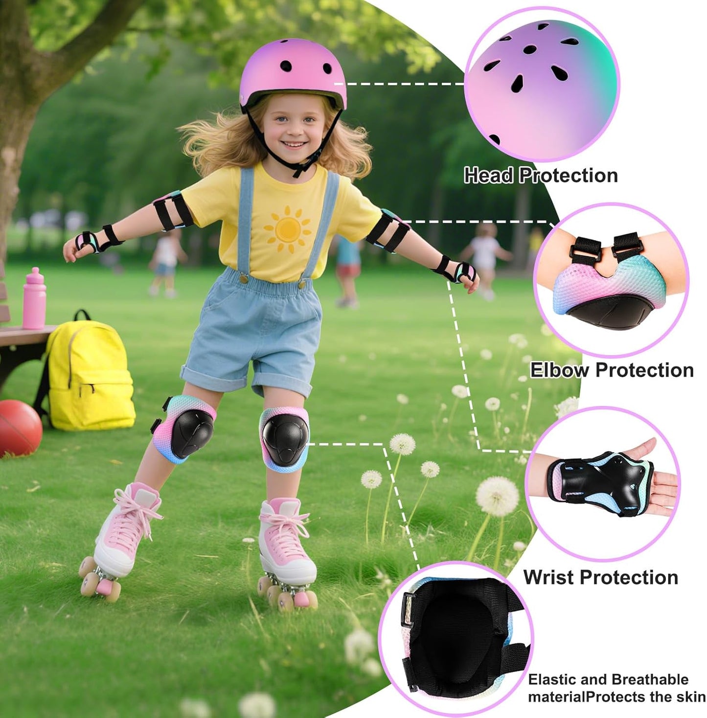 Adjustable Kids Bike Helmet with Knee Pads Elbow Pads Wrist Guards for Age 3-5-8-14+ Youth/Teens,Ventilation Multi-Sport Scooter Roller Skate Rollerblading Skateboarding Climbing Cycling
