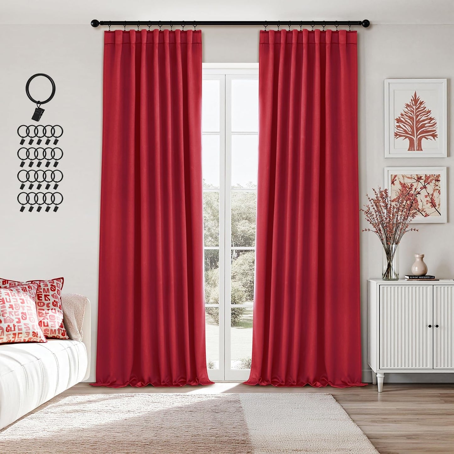 ANRODUO Back Tab Blackout Curtains for Bedroom Living Room, Rod Pocket Pinch Pleated Thermal Insulated Room Darkening Curtains 96 Inches Long 2 Panels, Red, 42 x 96 Inch