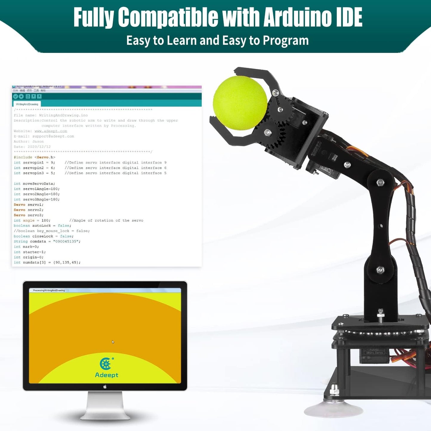Adeept 5DOF Robotic Arm Kit Compatible with Arduino IDE, Programmable DIY Coding STEM Educational 5 Axis Build Robot Arm, Robot Starter Kit with OLED Display Processing Code and Tutorials - Orange