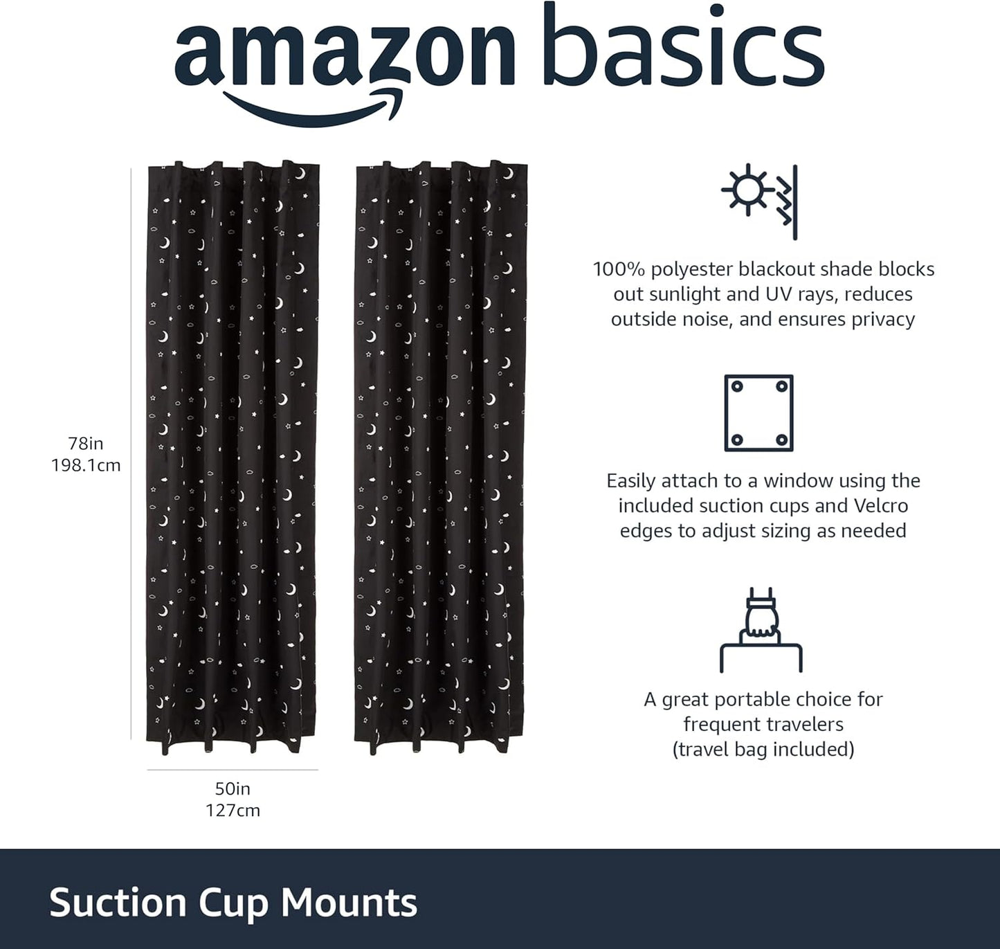 Amazon Basics Portable Blackout Curtain Shade with Suction Cups, 50" W x 78"L, 2-Pack, Moon and Stars